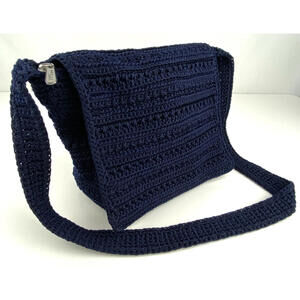 The Sak Crocheted Bag Knit Flap Zippered Lined Shoulder Purse Blue Navy EUC